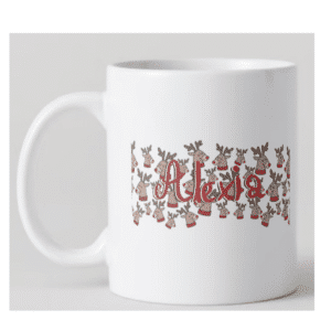 Taza personalizada con nombre y renos – Diseño navideño único