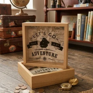 Hucha de madera decorativa "Adventure" | Cuadro para Viajes