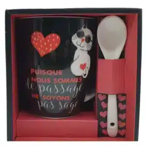 Taza Cerámica Gato con Corazones y Cuchara